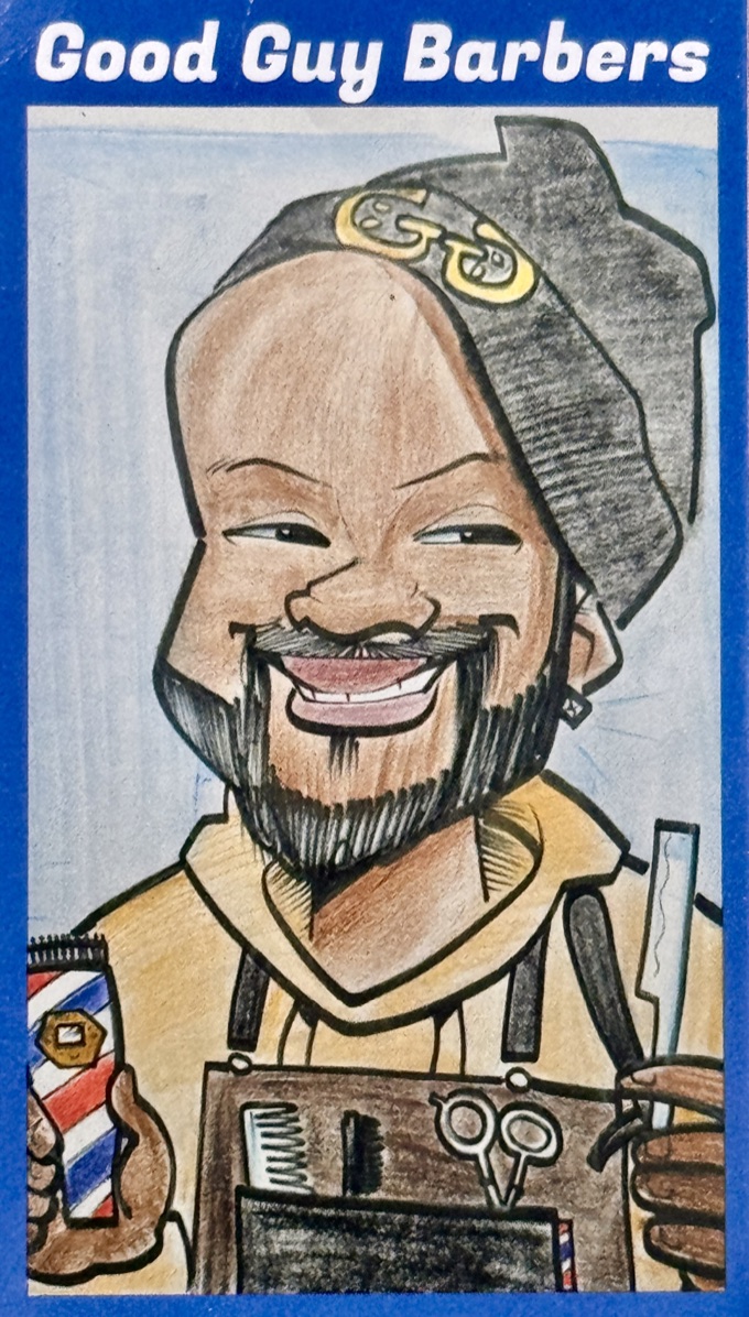 Good Guy Barbers illustrated card: a smiling barber in a beanie with a gold GG logo, holding clippers and a straight razor